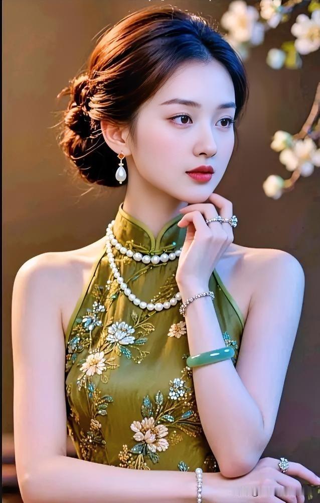 一袭绿旗袍绣着繁花，珍珠凝露，玉镯含烟。盘发挽就东方韵，眼波流转间，古典美如诗绽
