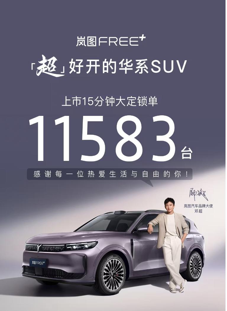 岚图FREE+正式上市，上市15分钟，锁单量便突破11583台，共推出三款车型，