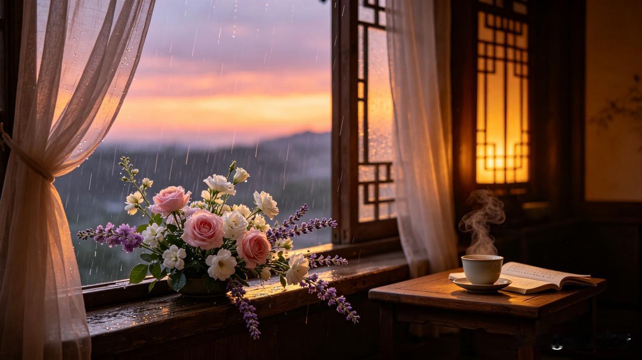 暮雨听琴  闲寄繁花 ［狐山诗行］
 
暮色垂落，为喧嚣的白昼轻轻阖上帷幕。窗外