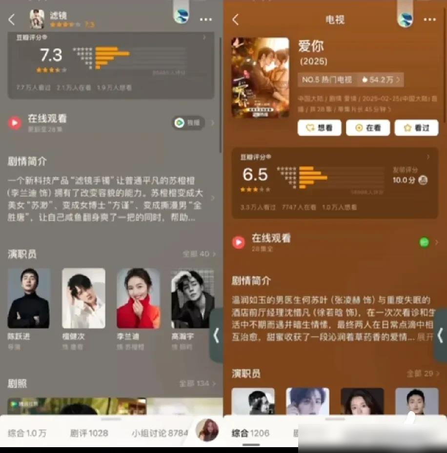 《滤镜》和《爱你》两部剧开分后热度对比太有意思了！前者7.3分超10万人打分，后