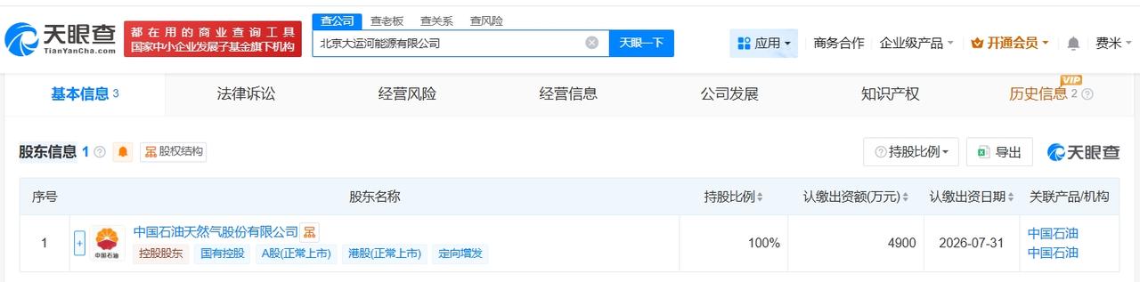 中国石油在北京成立大运河能源公司
天眼查App显示，近日，北京大运河能源有限公司