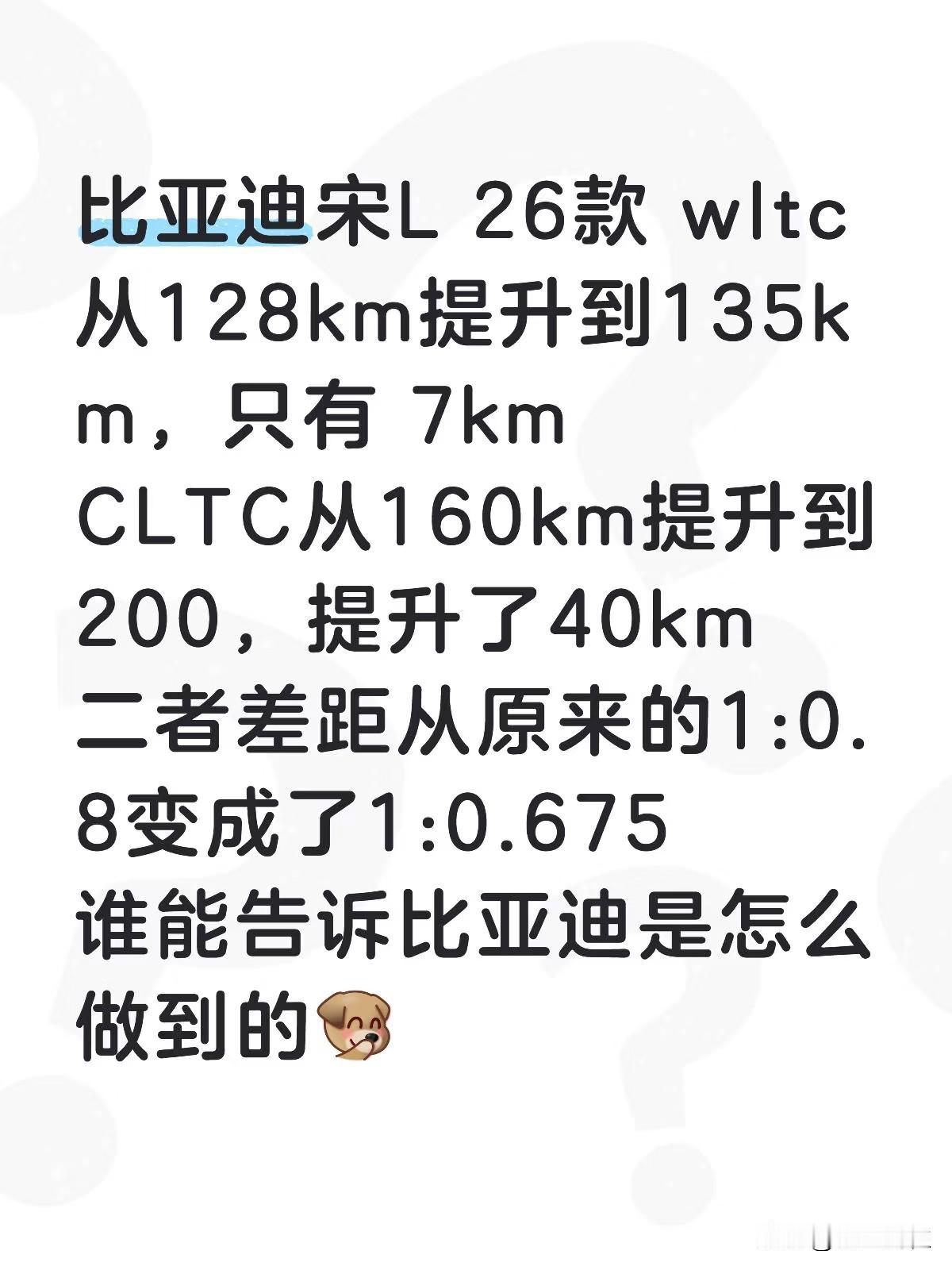 比亚迪宋L 26款 wltc从128km提升到135km，只有 7km
CLTC