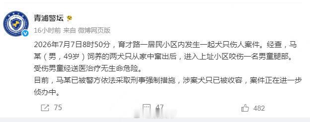 警方通报男童小区内被两犬撕咬拖行2犬撕咬男童犬主被采取刑事强制措施上海青浦警方通