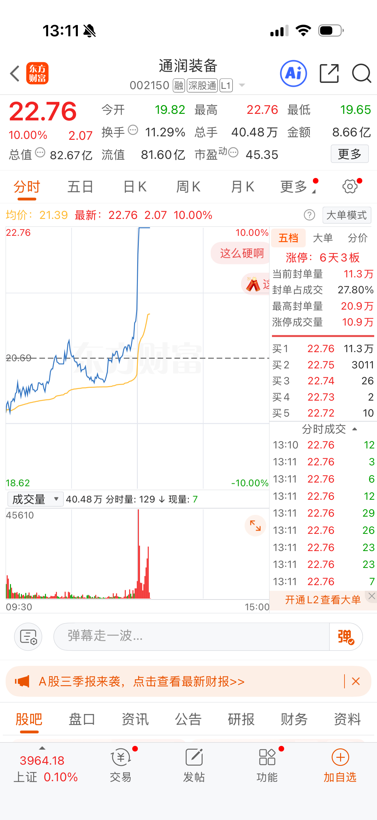 股市没有眼泪，赚到钱才是真的！家人们我上车了，希望旅途愉快 早上说的通润装备已经