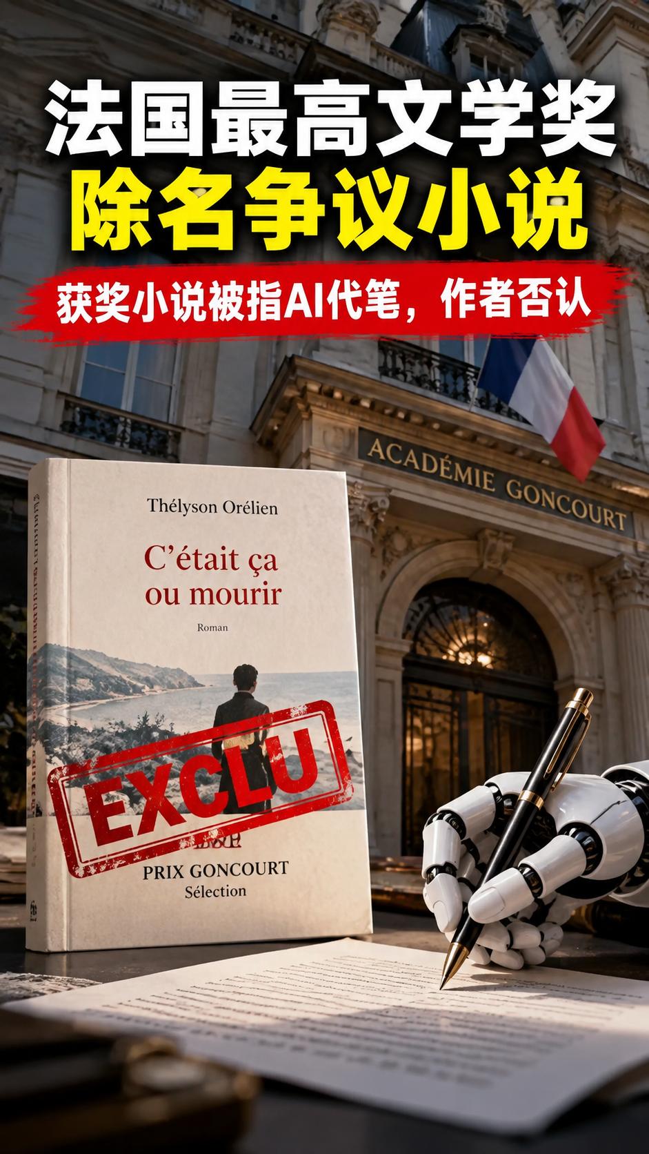 法国龚古尔奖突然除名热门小说，作者被指用AI写书，本人坚决否认

法国文学圈这两