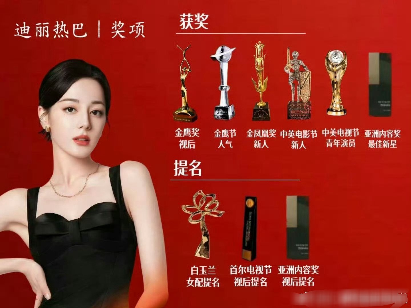 迪丽热巴不仅在国内获得过电视剧三大奖之一的金鹰奖 在国际上获得的奖项也是非常多的