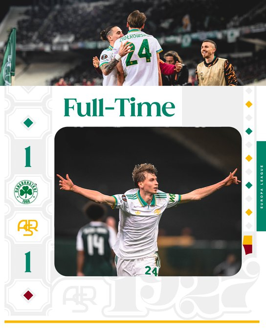 罗马在十人作战下1-1逼平帕纳辛纳科斯，以欧联联赛阶段16分第8直通16强；帕纳