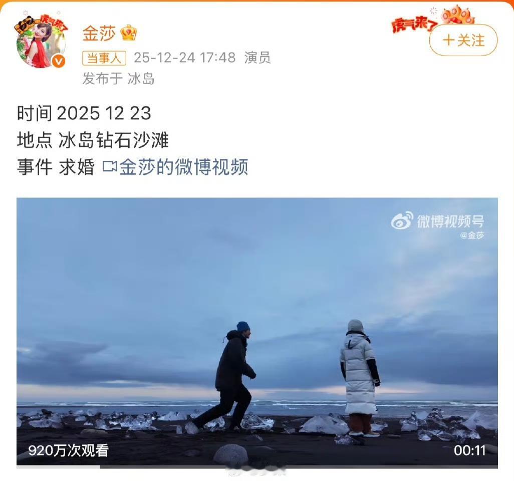 金莎回应被小19岁男友求婚！冰岛极光下拥吻，三年姐弟恋逆袭
 
娱乐圈年末甜度爆