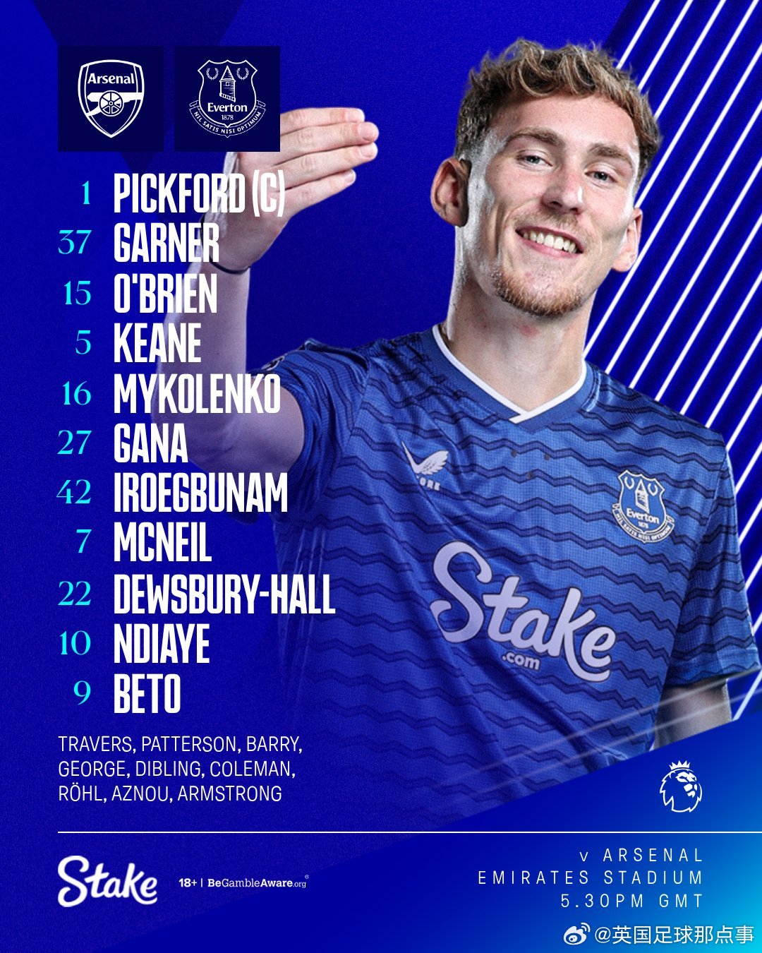 阿森纳vs埃弗顿 首发阵容⬇️ 1:30开赛！阿森纳首发：1-拉亚、12-廷贝尔