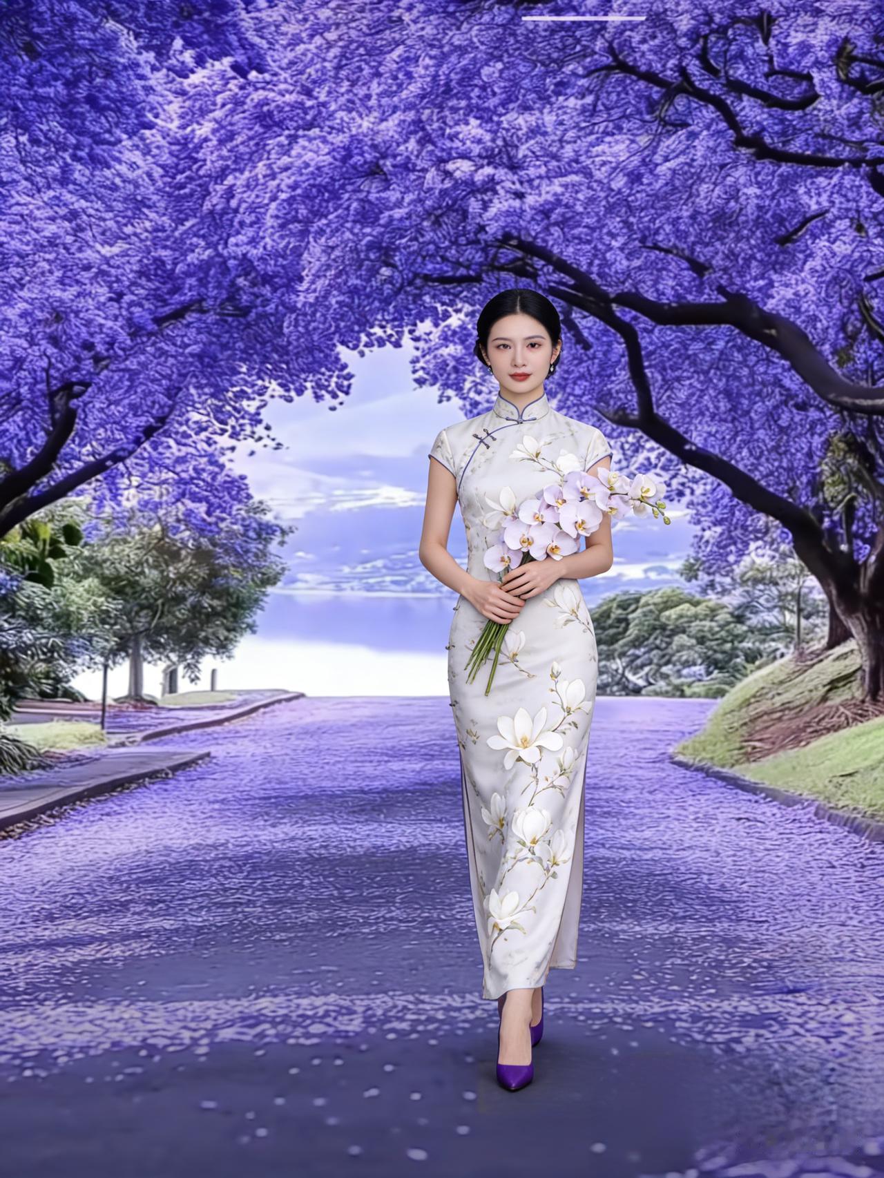 紫花盛开，美人如画，漫步在浪漫花海中