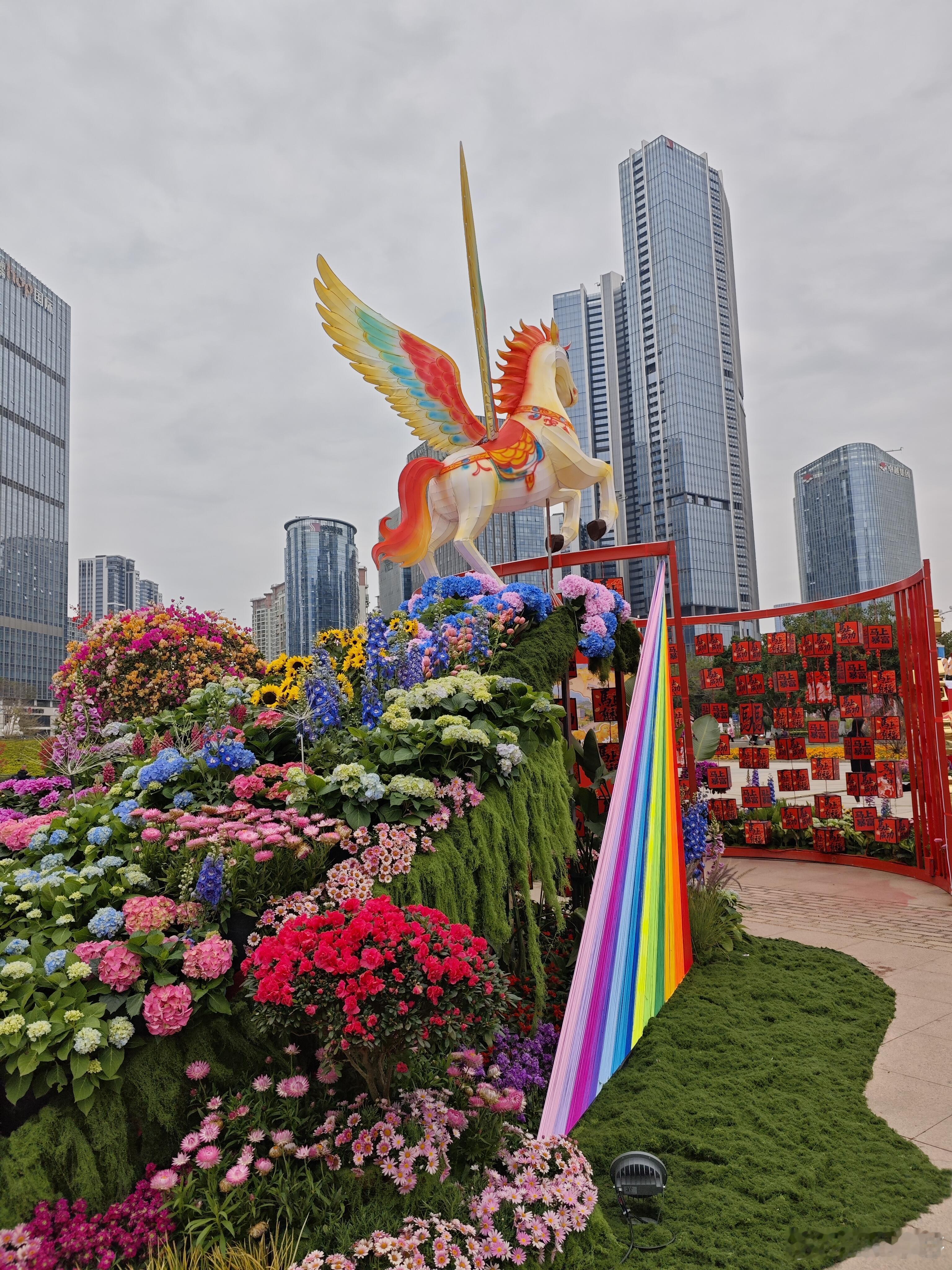 逛新安花市，满城春意撞满怀。红灯笼串起热闹，年桔缀满吉祥，蝴蝶兰与水仙次第绽放，