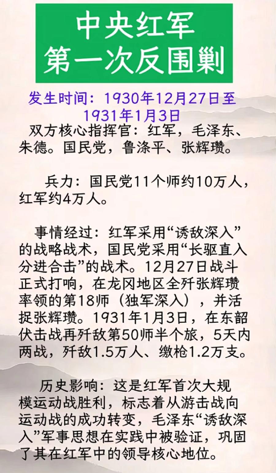 中央红军第一反围剿战况一览表

         1930年10月，国民党调集1