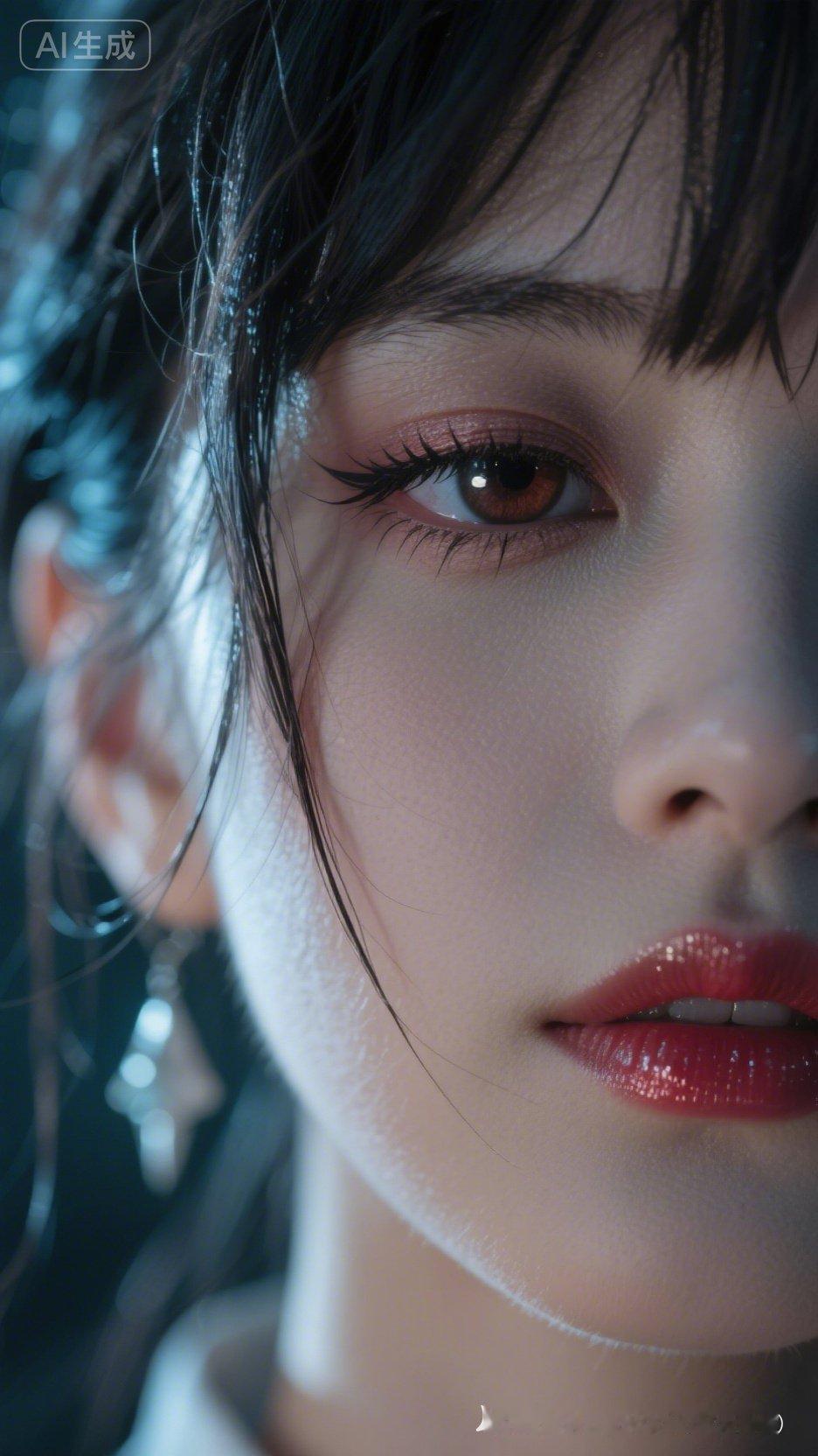 美女垂眸凝视镜头，狭长凤眼含情眼尾泛红，长睫毛折射光斑，反光水润玻璃唇釉晕染，凌