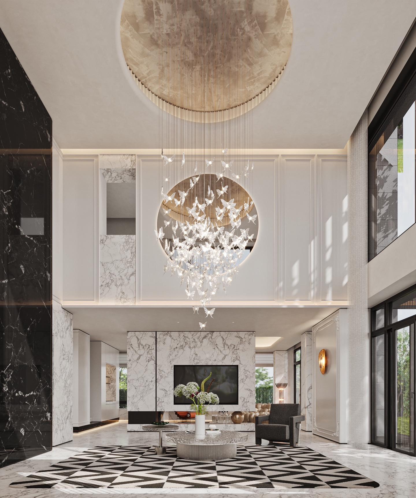 🔥黑白精致别墅挑空客厅设计。时尚中带点小复古，挑空别墅客厅设计！