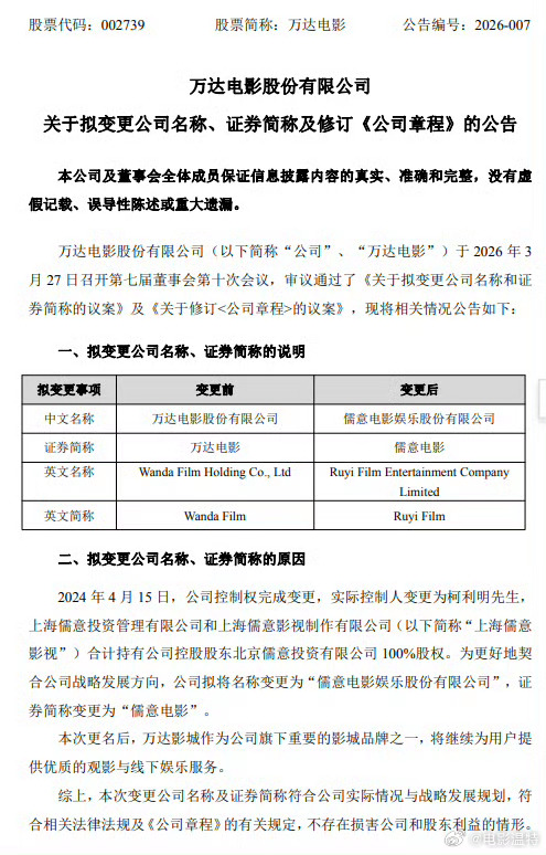 听听温特怎么说   3月27日，万达电影发布拟更名公告，称为更好地契合公司战略发