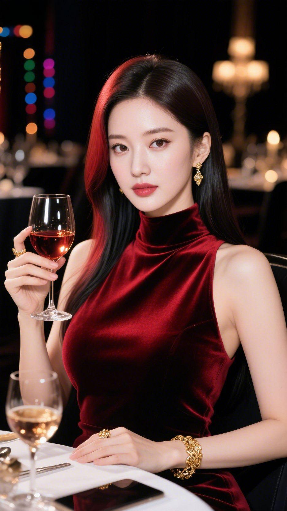 宴夜流光
 
暗夜里的宴会厅，水晶灯将暖光织成碎金，落进酒红丝绒裙的褶皱间，像晕