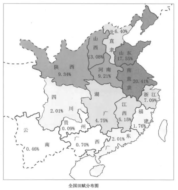 历史什么时候公平过？
闲读史书发现这么一张图——根据明朝万历会计录制作的各地田赋