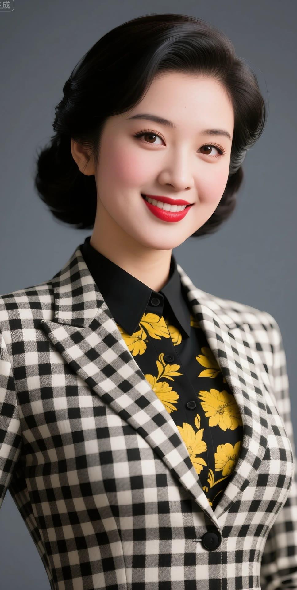 复古风穿搭，黑白格子西装外套搭配黄色印花衬衫，优雅迷人！🌸👗👠