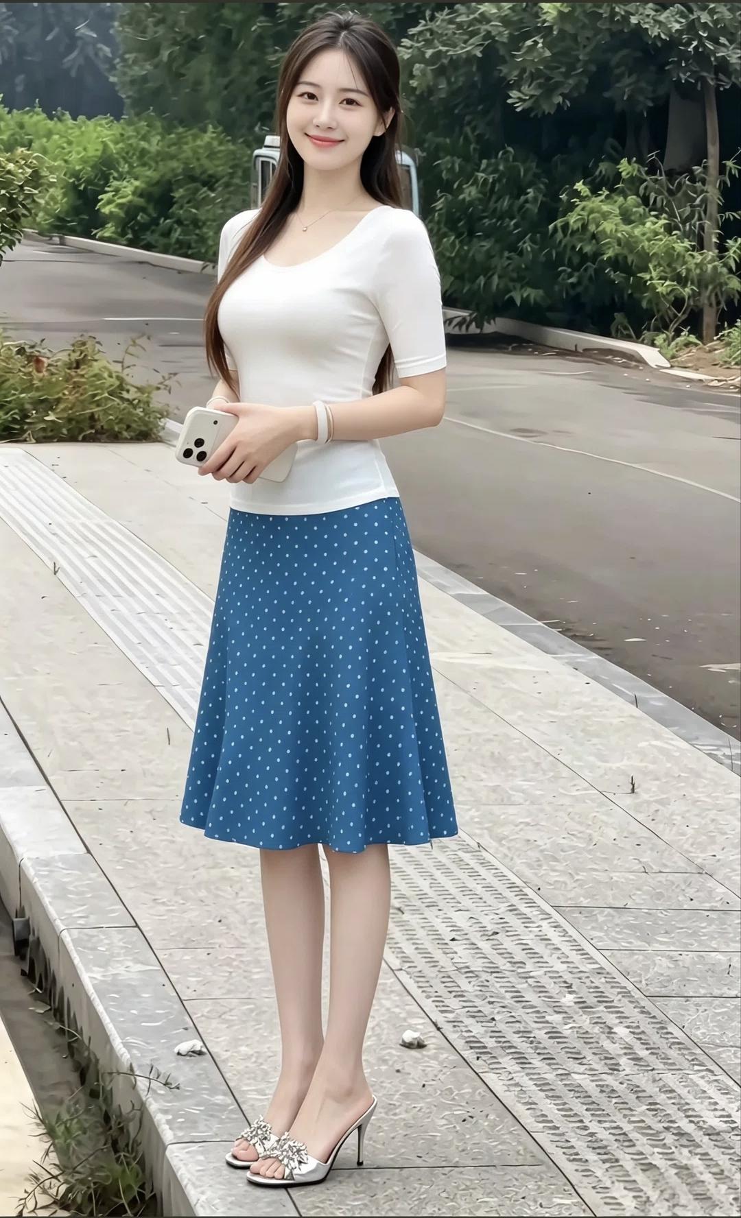 如何穿出时尚与气质?
白衫配蓝波点半裙，简约配色藏住温柔气质，日常穿搭也能自带高