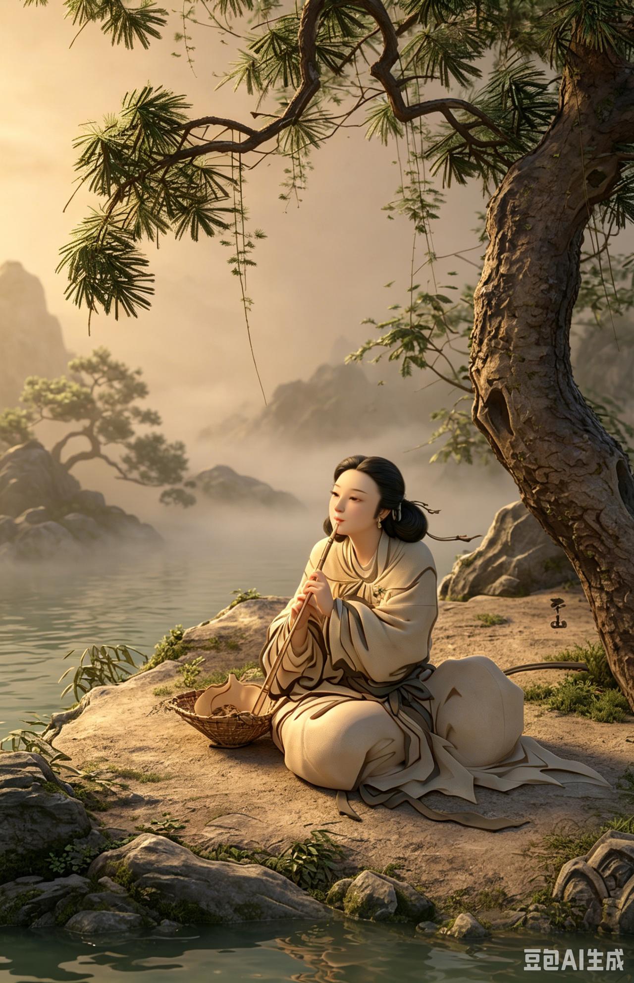 仙女坐在石头上吹箫，表情空洞迷茫，优雅是一点儿都看不到。呵呵，这就是仙女的日常，