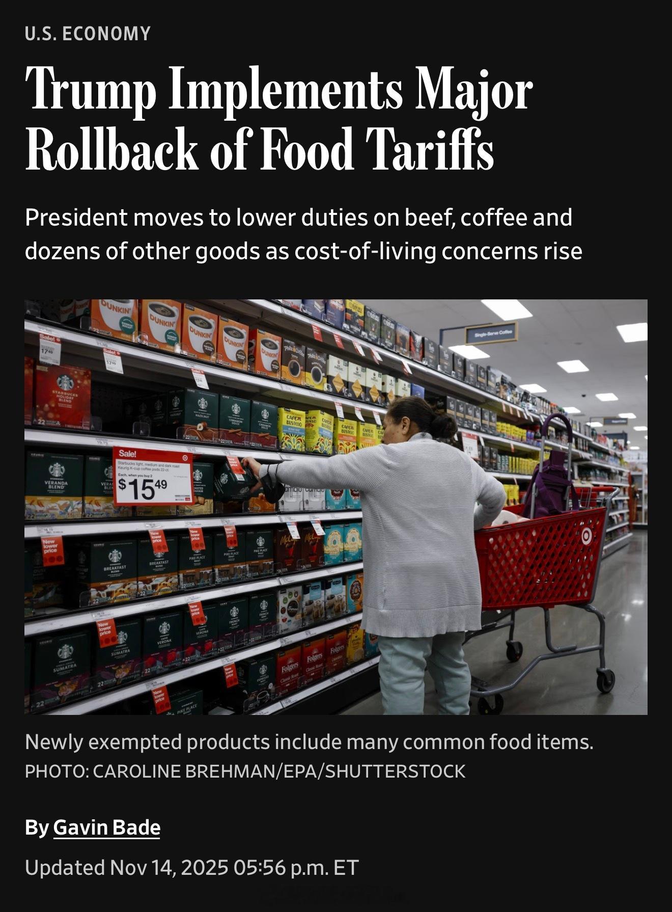 白宫今天宣布大幅取消食品关税：某些农产品将不再受到对等关税的影响。其中包括：咖啡