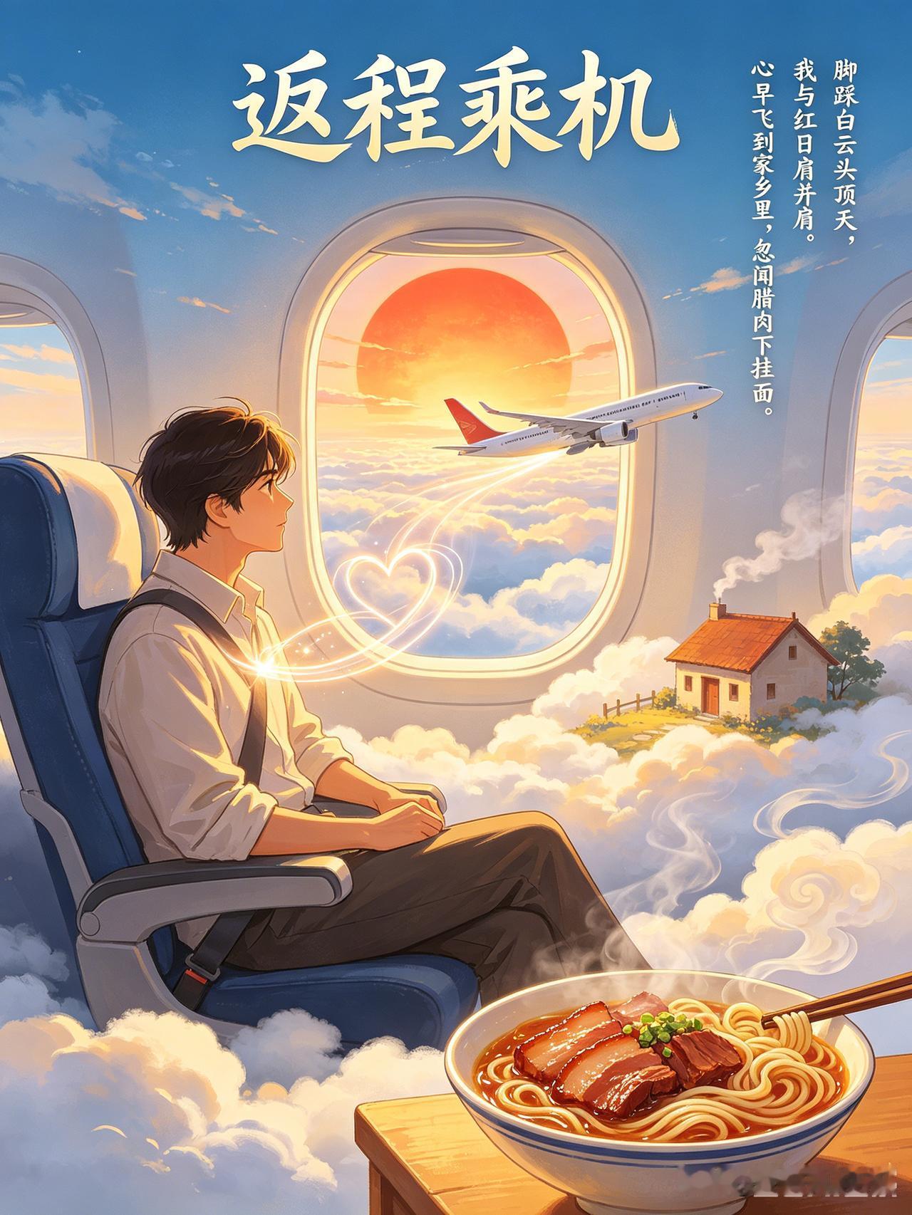 返程乘机
脚踩白云头顶天，
我与红日肩并肩。
心早飞到家乡里，
忽闻腊肉下挂面。