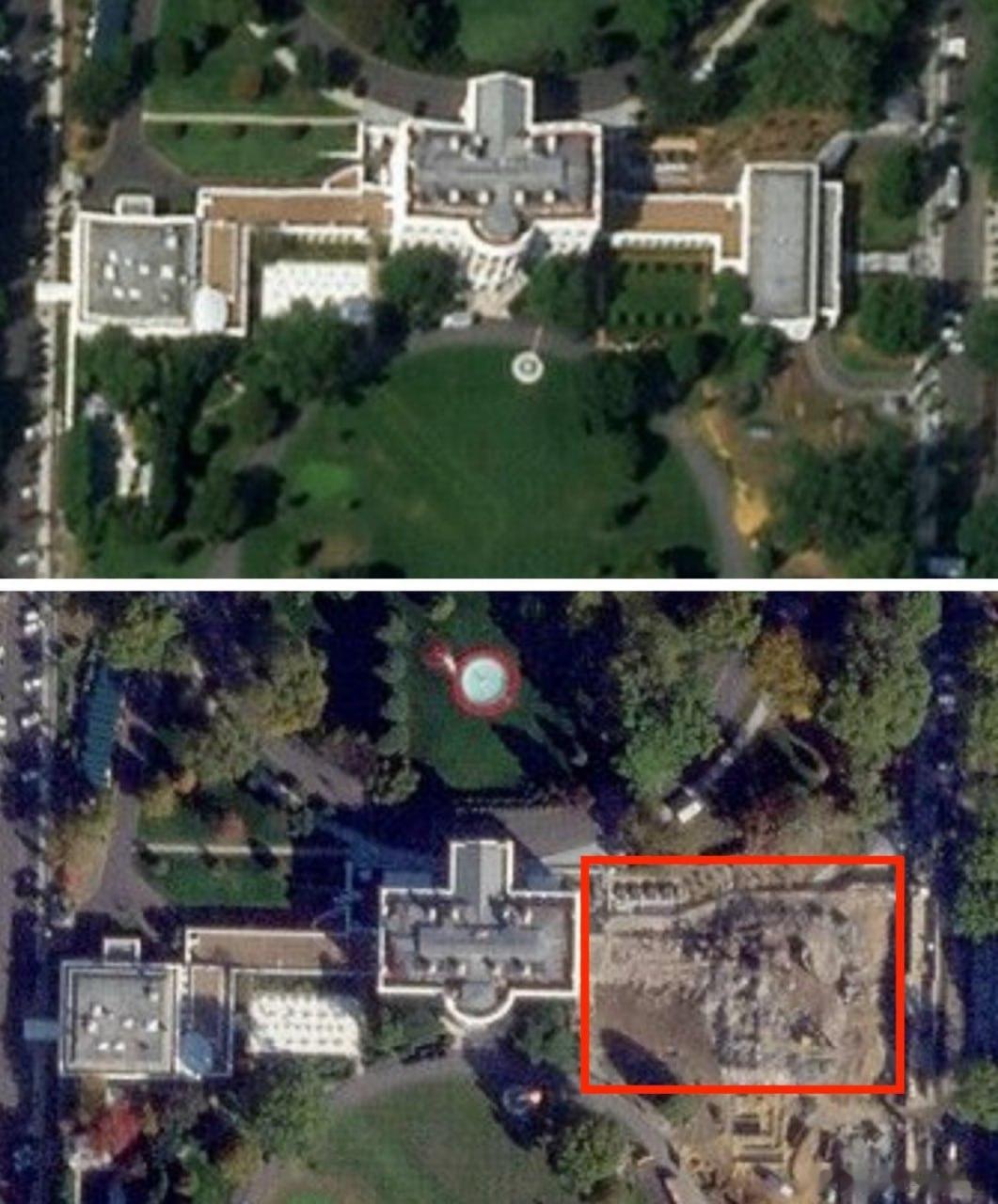 欧媒，卫星显示，美国特朗普总统已经将白宫拆除了将近一半，要建豪华伙食团。白宫右翼