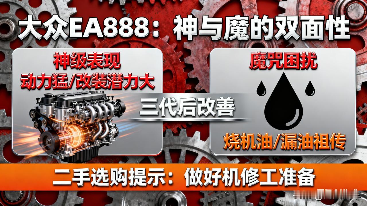 大众EA888，到底是神是魔？

一代名机，动力猛、改装潜力大，但烧机油、漏油也
