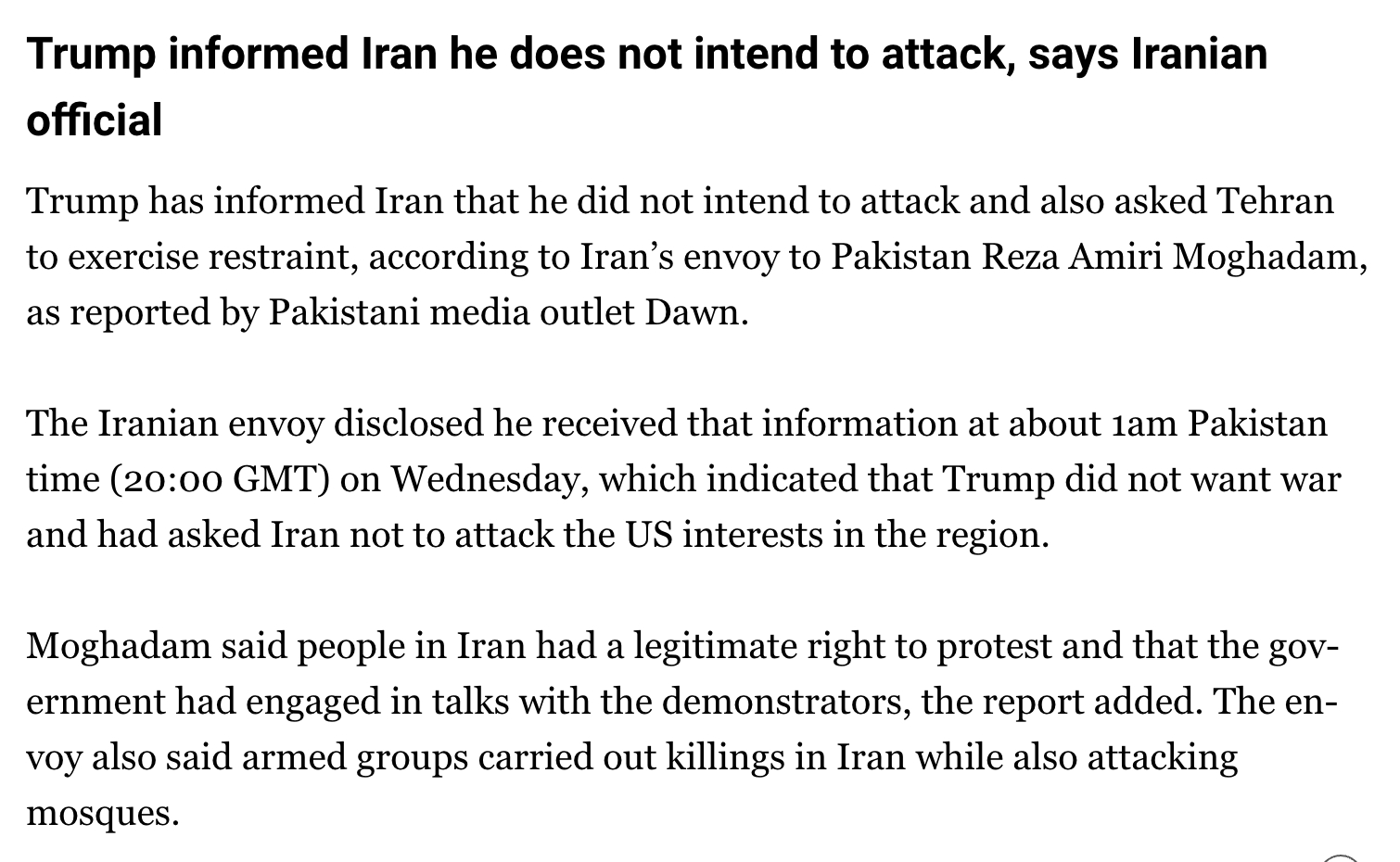 🇮🇷❗据伊朗驻巴基斯坦大使称，特朗普已告知伊朗，他无意发动攻击，并要求德黑兰