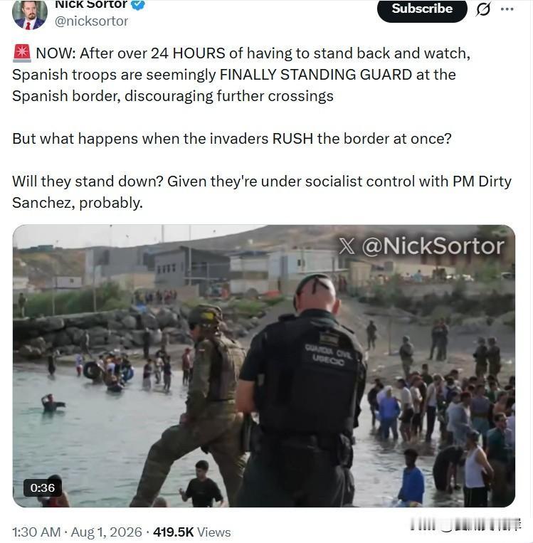 突发消息：在旁观超过24小时之后，西班牙军队终于开始驻守边境，阻止更多人越境。