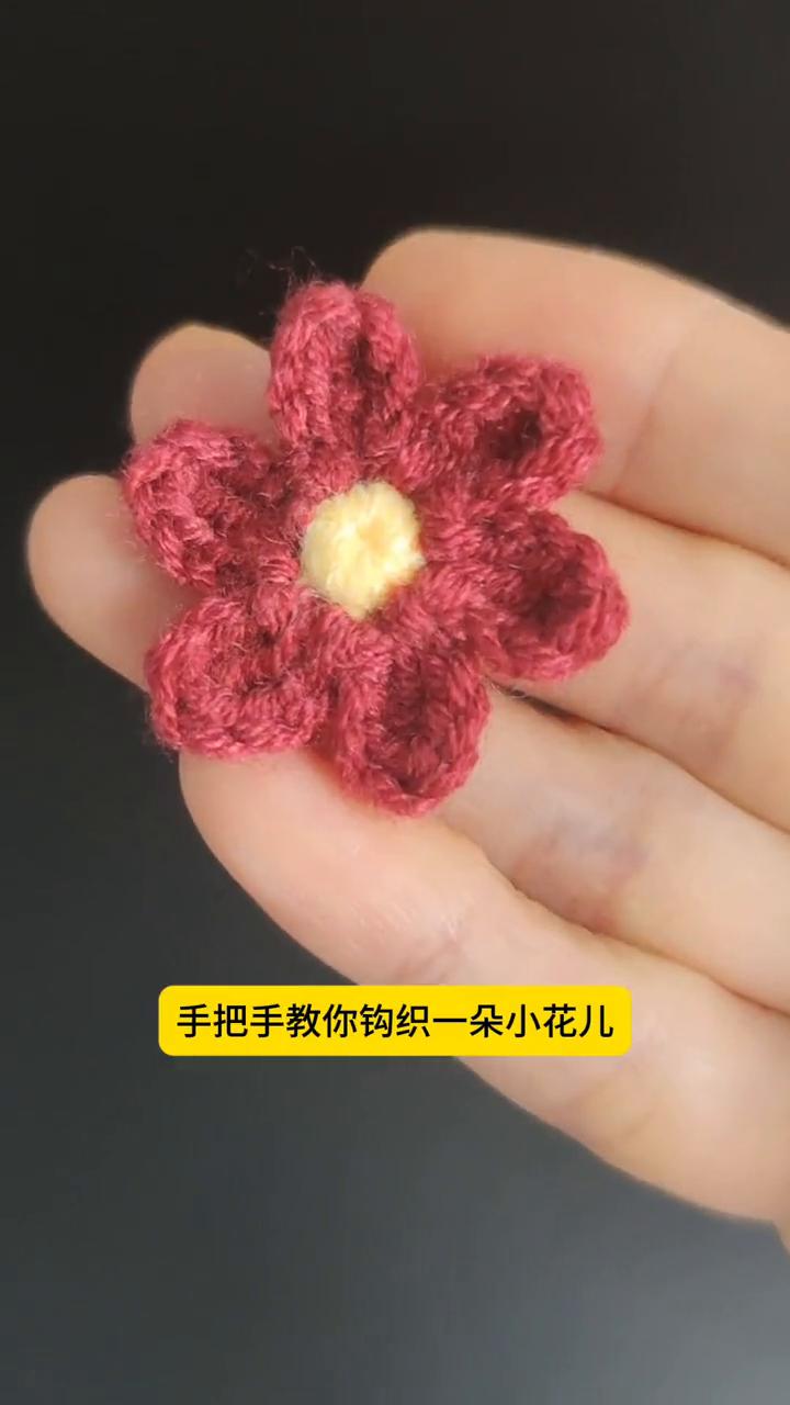 手把手教你钩织一朵小花儿。
·环形起针，绕两圈，一个锁针，圈内钩6个短针，剩下的