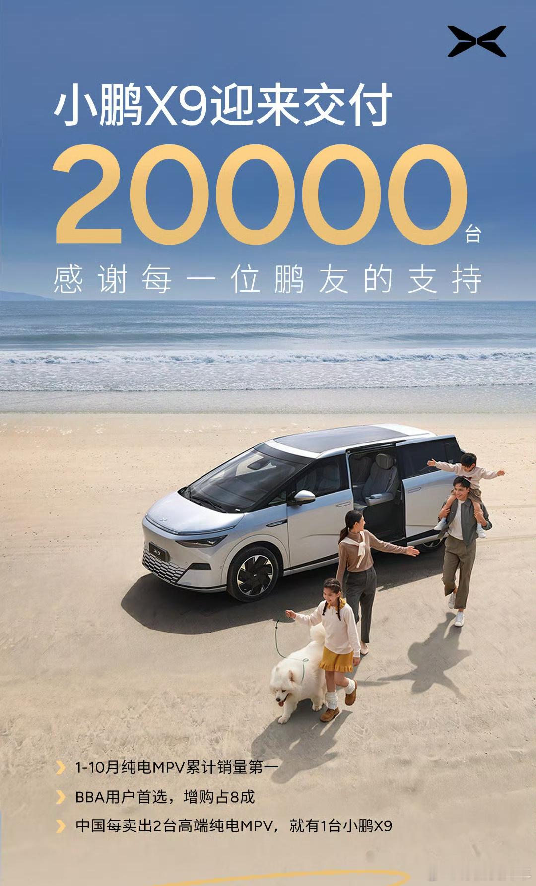 小鹏X9 交付超过了 20000台，要知道这是一款售价30万+的纯电MPV。细看