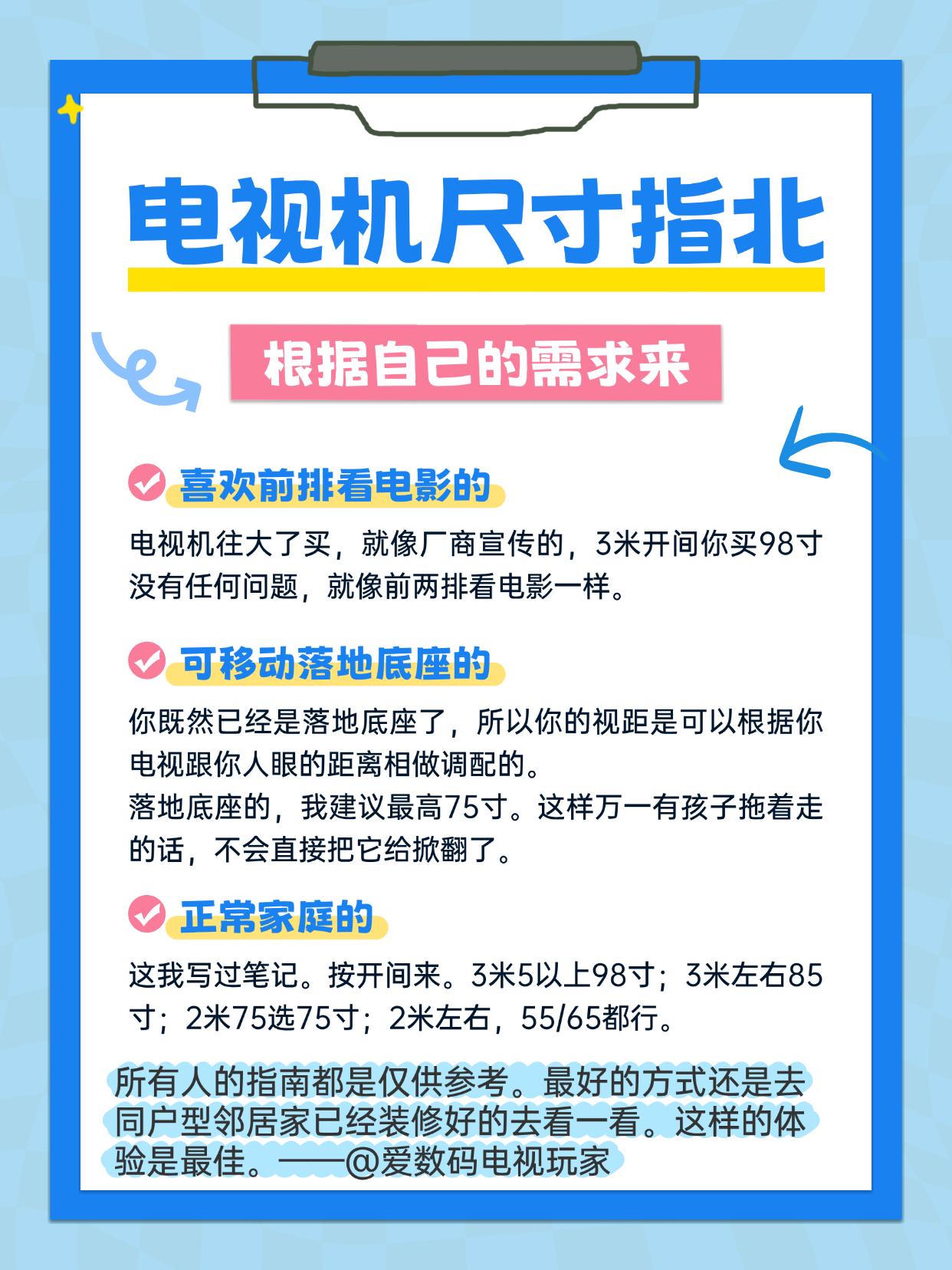 电视尺寸选购指北。关于电视机尺寸还是问的人最多，因为这个是代表了你要留的尺寸，因