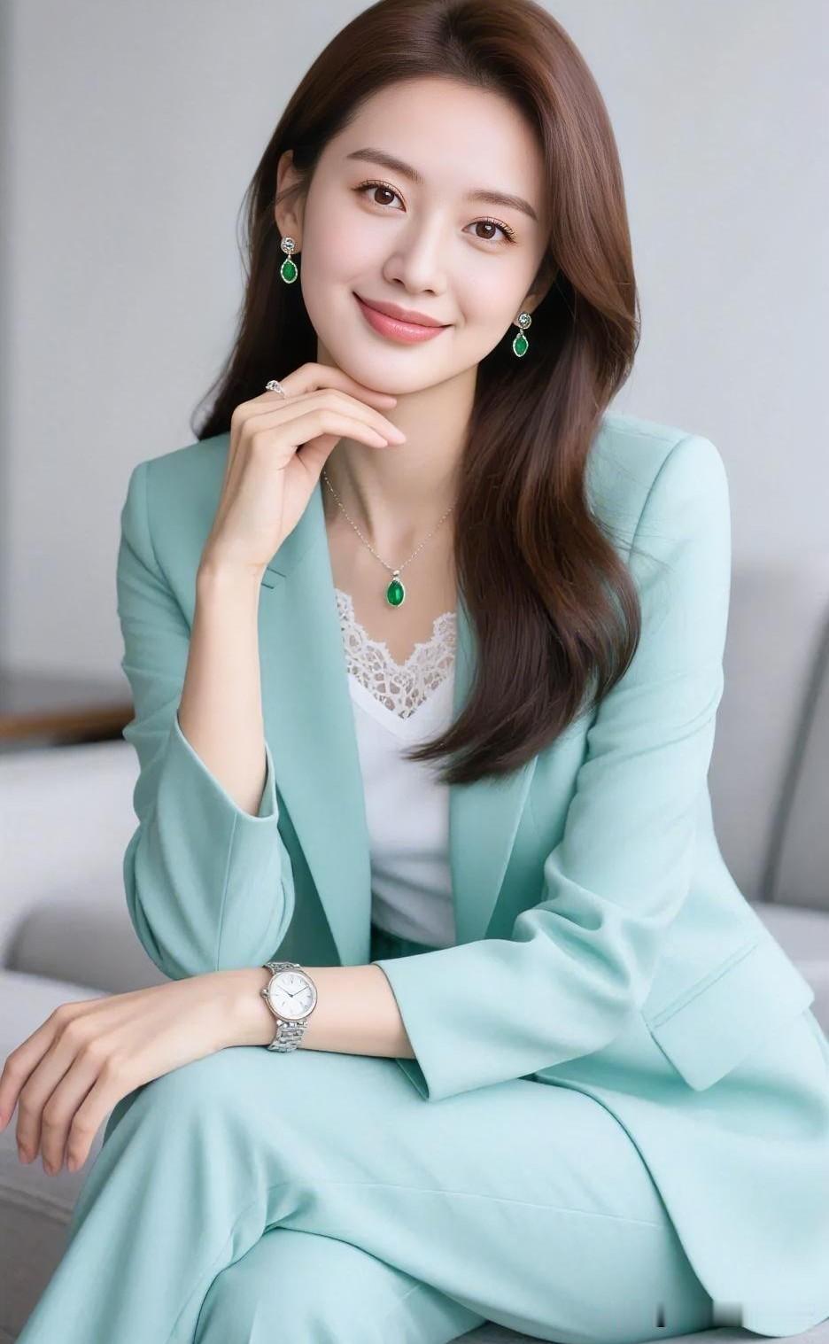 薄荷绿意晕染干练西服，腕间时光与颈间翠色交相辉映。她浅笑盈盈，姿态温婉从容，如初