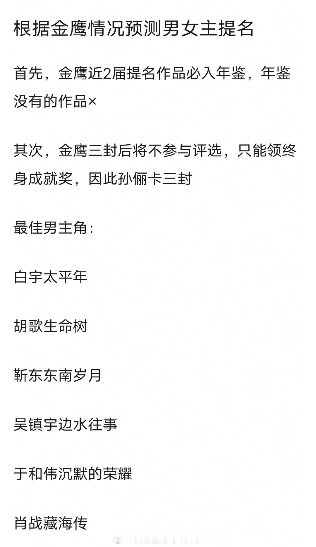 金鹰奖明天公布提名名单，官方词条已经出来了，你们最期待哪些演员拿到视帝视后提名？