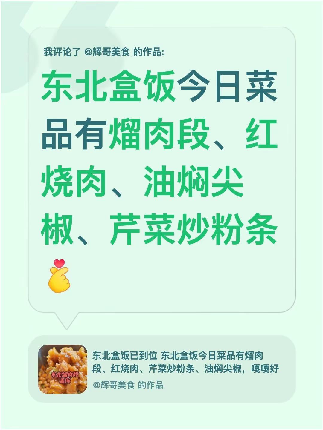 我评论了@辉哥美食 的作品：东北盒饭今日菜品有熘肉段、红烧肉、油焖尖椒、芹菜炒粉