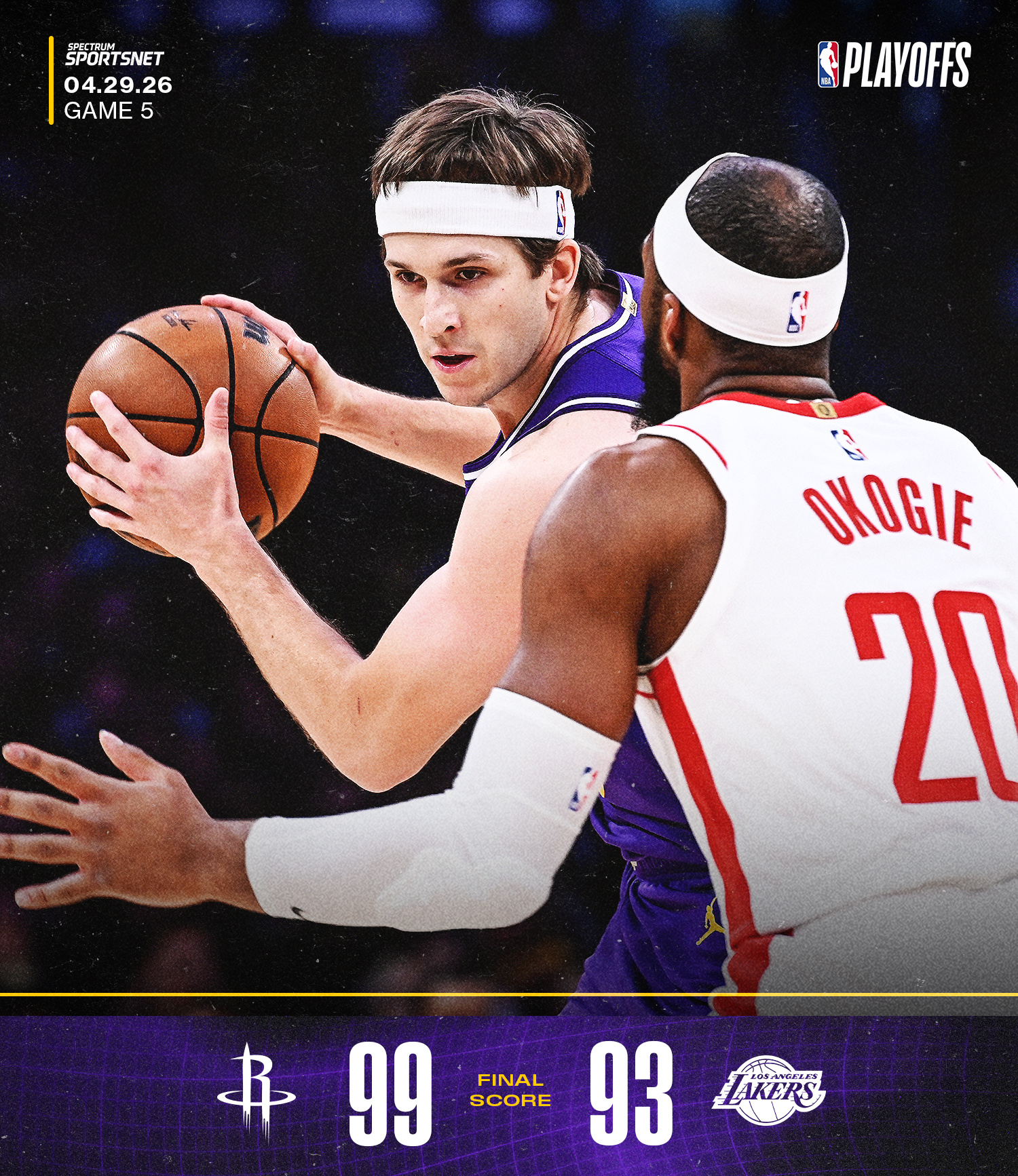 下一场G6，后天上午（5月2日）9:30在火箭主场开打火箭vs湖人