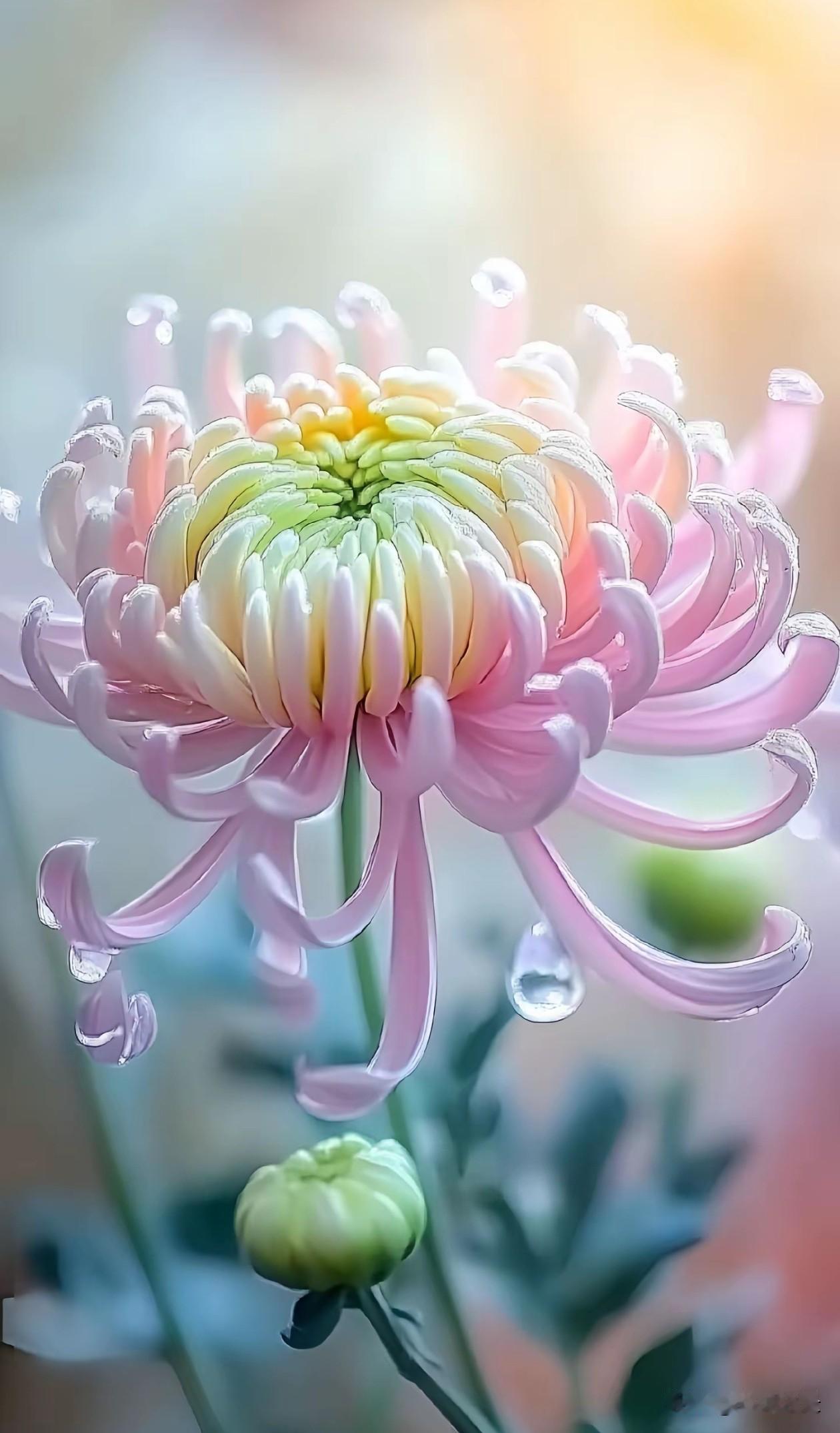 晨露凝丝，秋菊含光。
粉柔、紫幽、粉黄渐变，千缕花瓣婉转卷曲，剔透水珠缀满花丝，