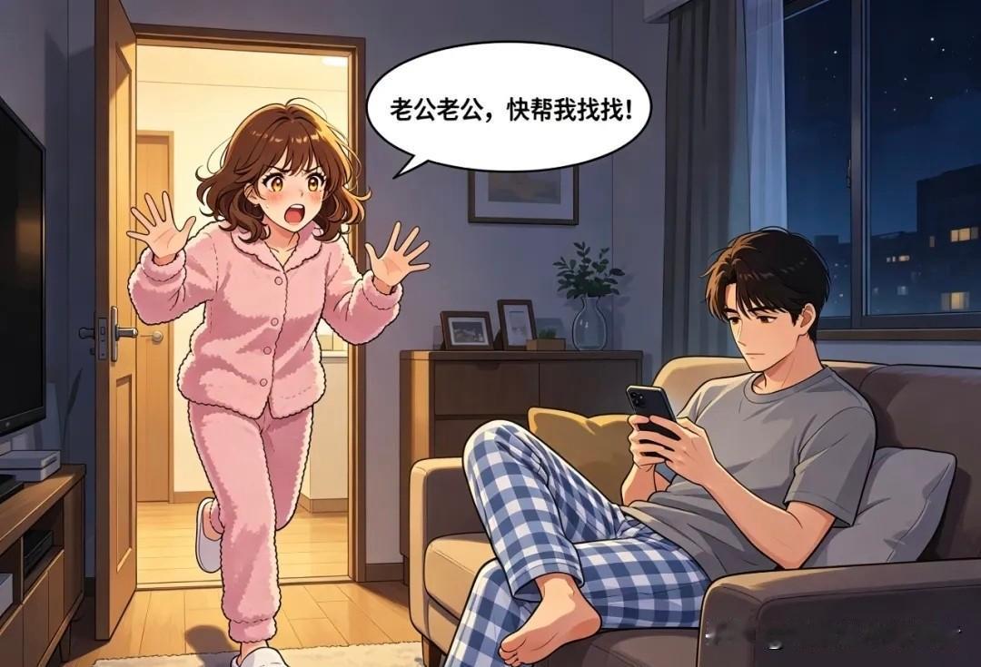 趣味漫画:老婆：老公老公，快帮我找找！老公：找什么啊？你又把钥匙丢了？老婆：不是