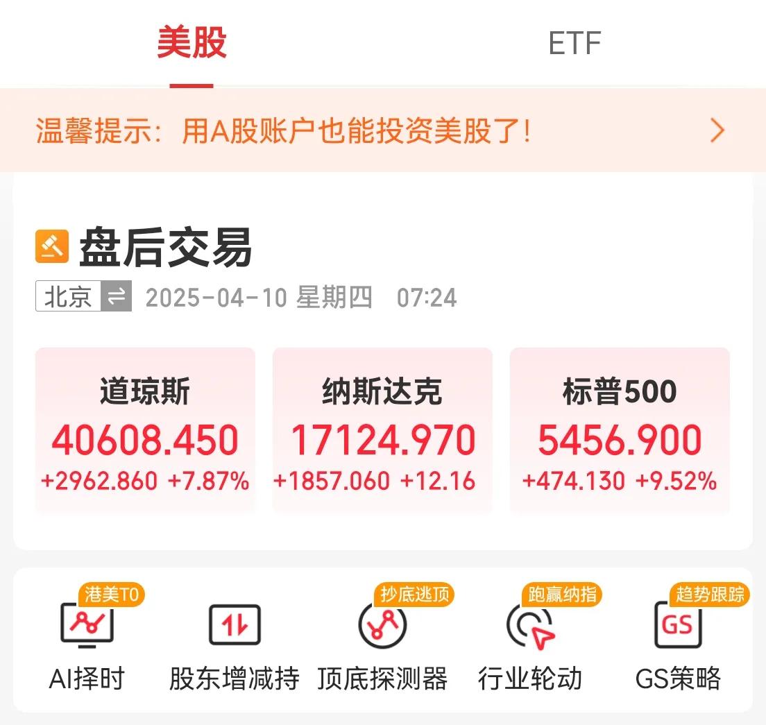 川普暂停没有报复国家90天暂停关税的决定，昨天的美股全线暴涨，所有的国家应该都要