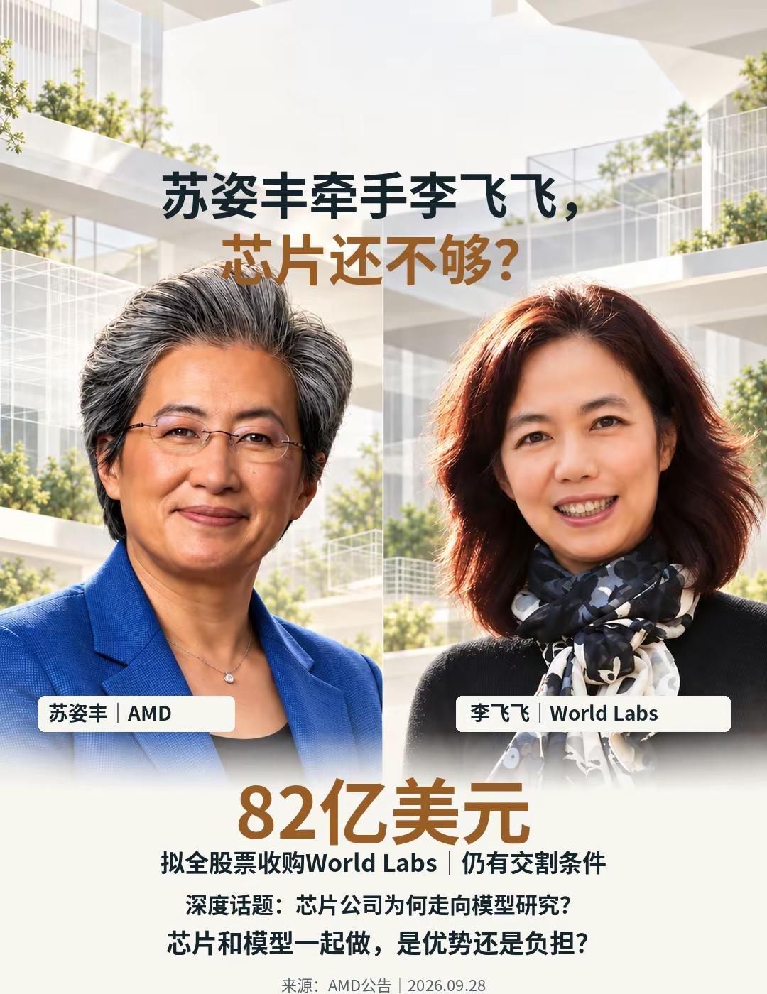 苏姿丰牵手李飞飞，芯片还不够？AMD拟以82亿美元全收购World Labs，交