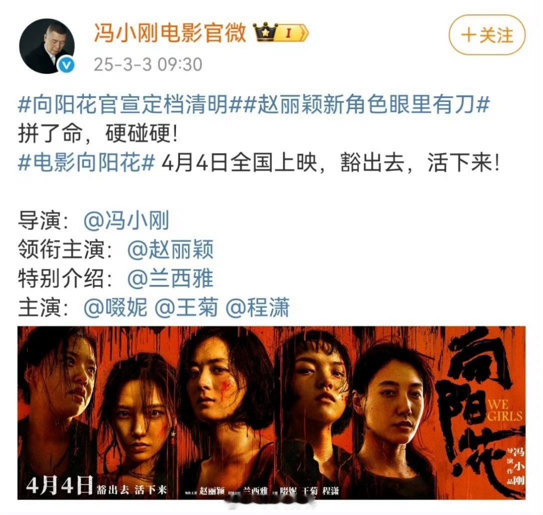 冯小刚导演，赵丽颖主演，向阳花定档清明档4月4海报里我认不出哪个是王菊，哪个是程