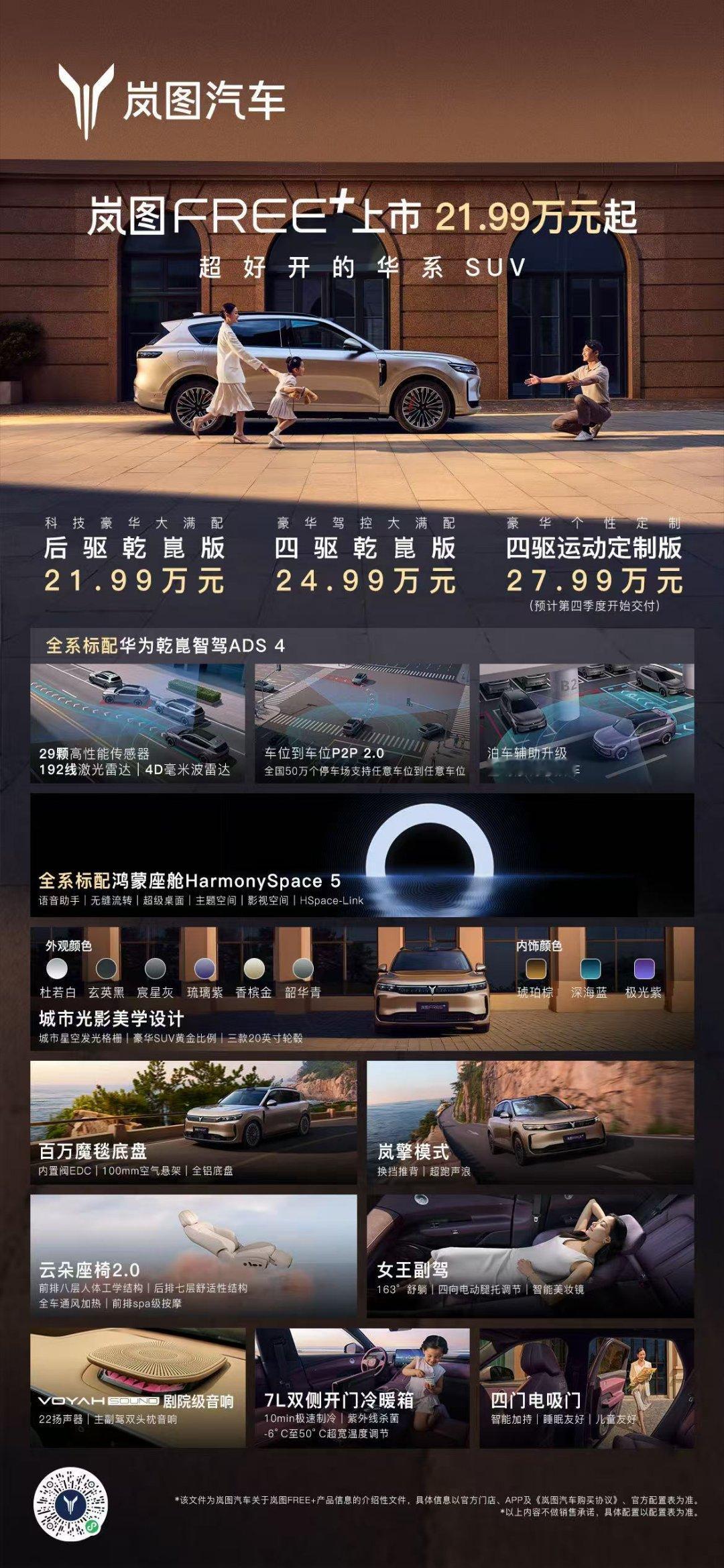 岚图FREE+这台车，核心亮点就是“标配即满配”。这张图总结得挺到位：华为智能、