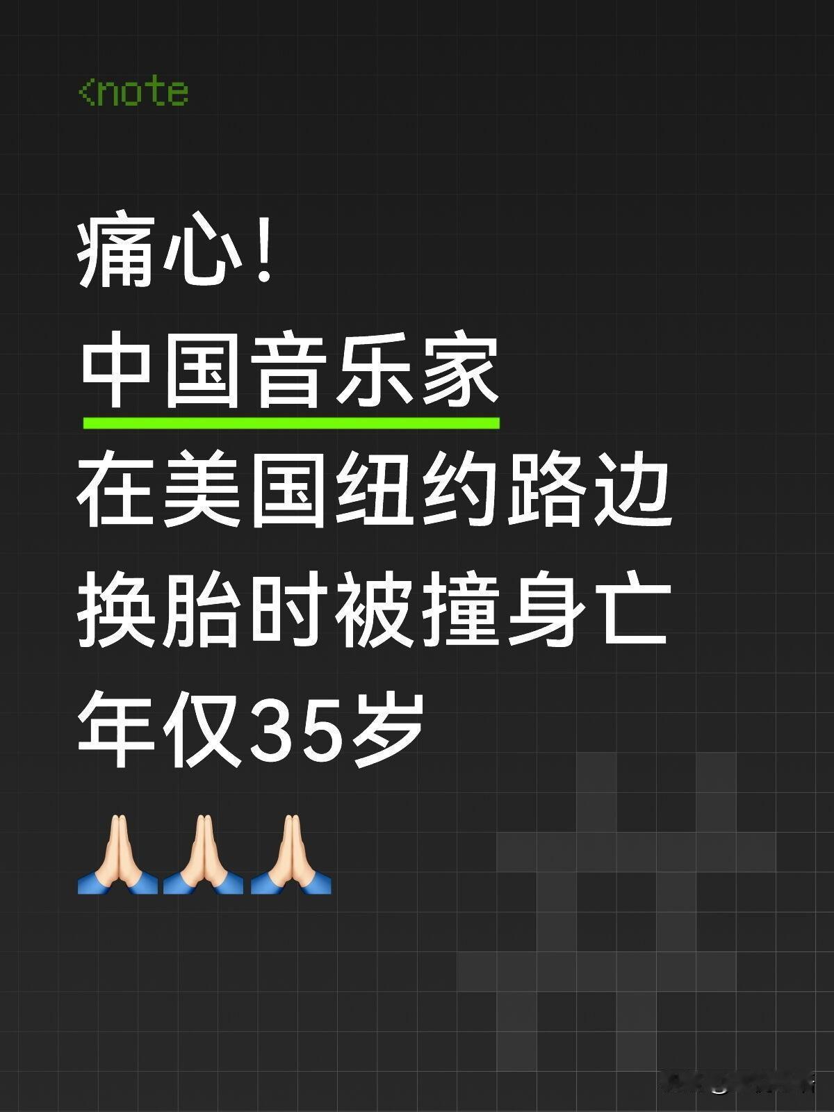 中国音乐家纽约路边被撞身亡，年仅35岁！
看到李梳曈老师离世的消息，真的太痛心了