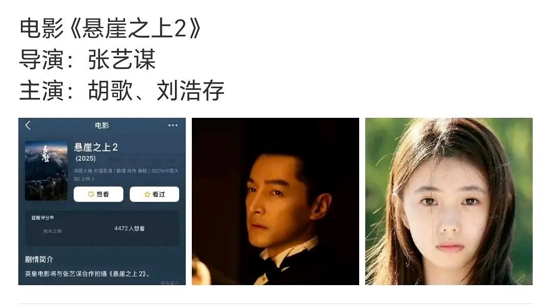 网传张艺谋导演的《悬崖之上2》主演阵容:胡歌 刘浩存 ​​​