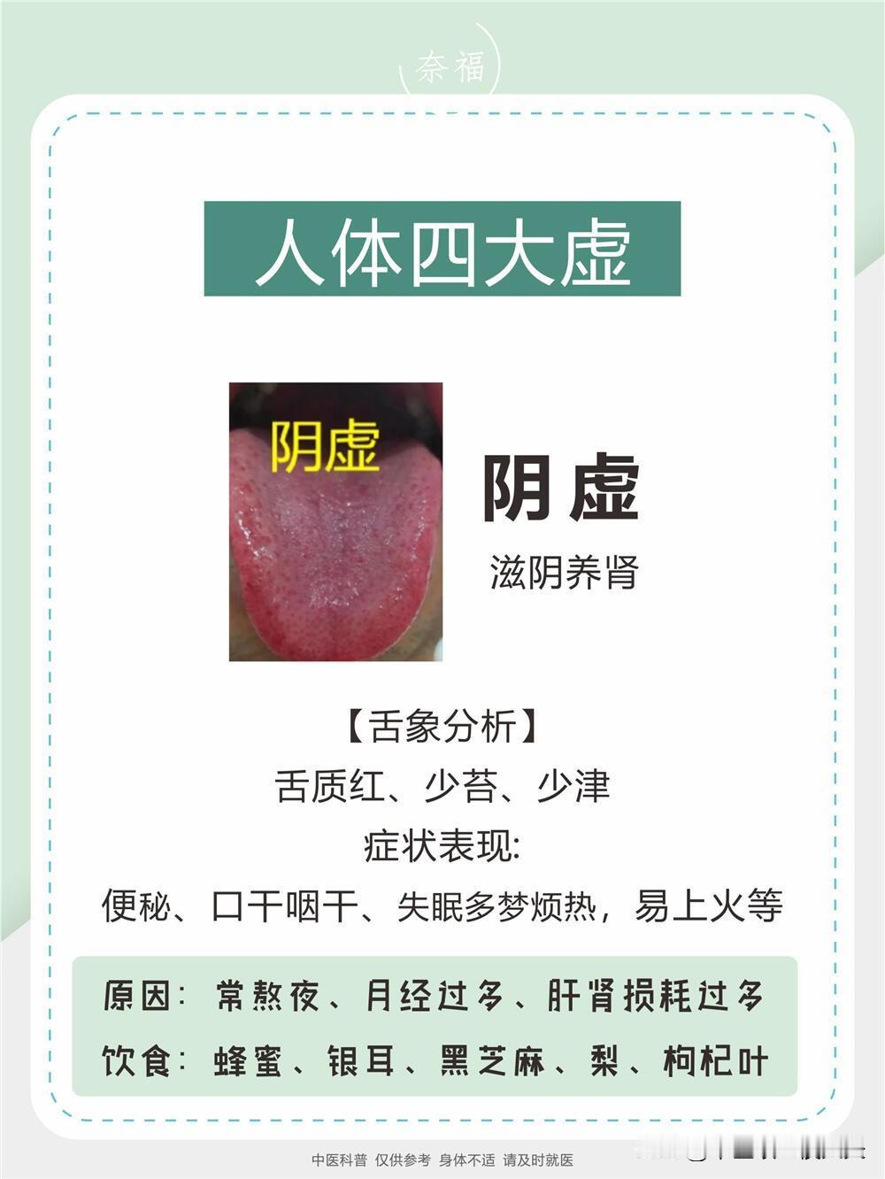 人体4大虚！阴虚热，阳虚冷，气虚懒，血虚枯
①阴虚
【舌象分析】
舌质红、少苔、