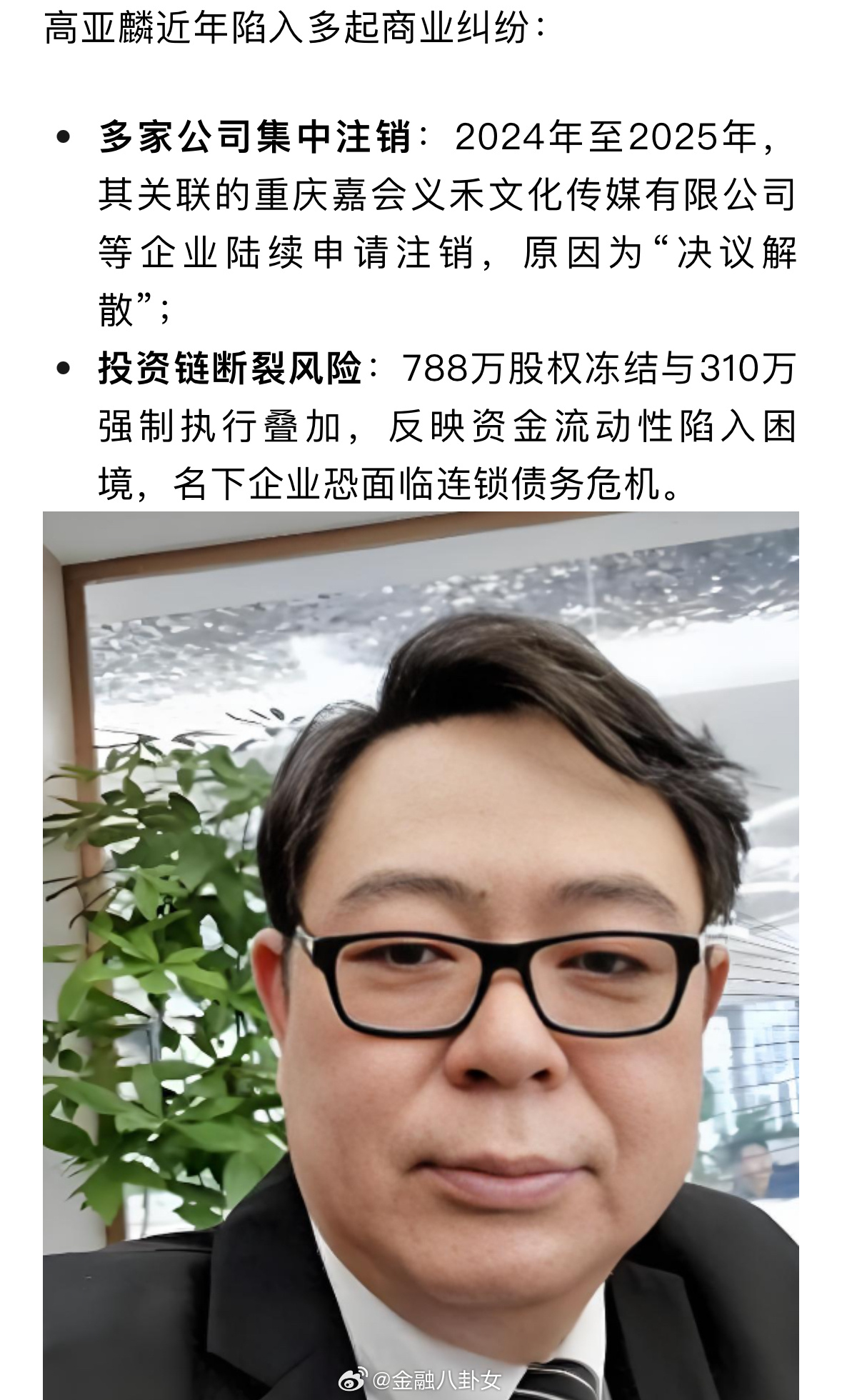 高亚麟被执行310万788万元股权已被冻结，期限3年！此前因出轨、家暴风波，热播