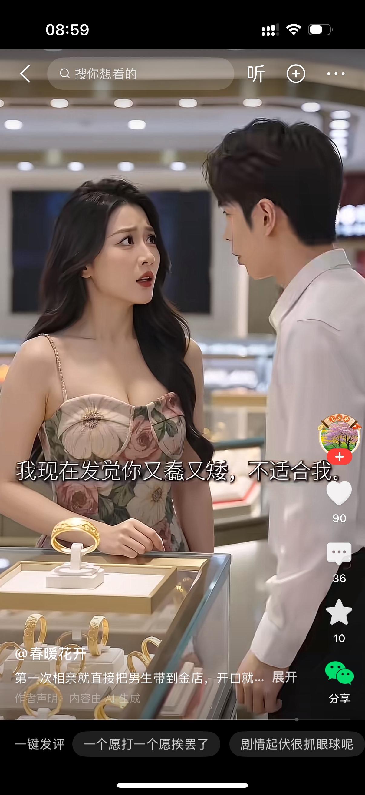 相亲女刚认识小伙，直接拉人家进金店，还问他介不介意来这儿。
男生说不介意，去哪都
