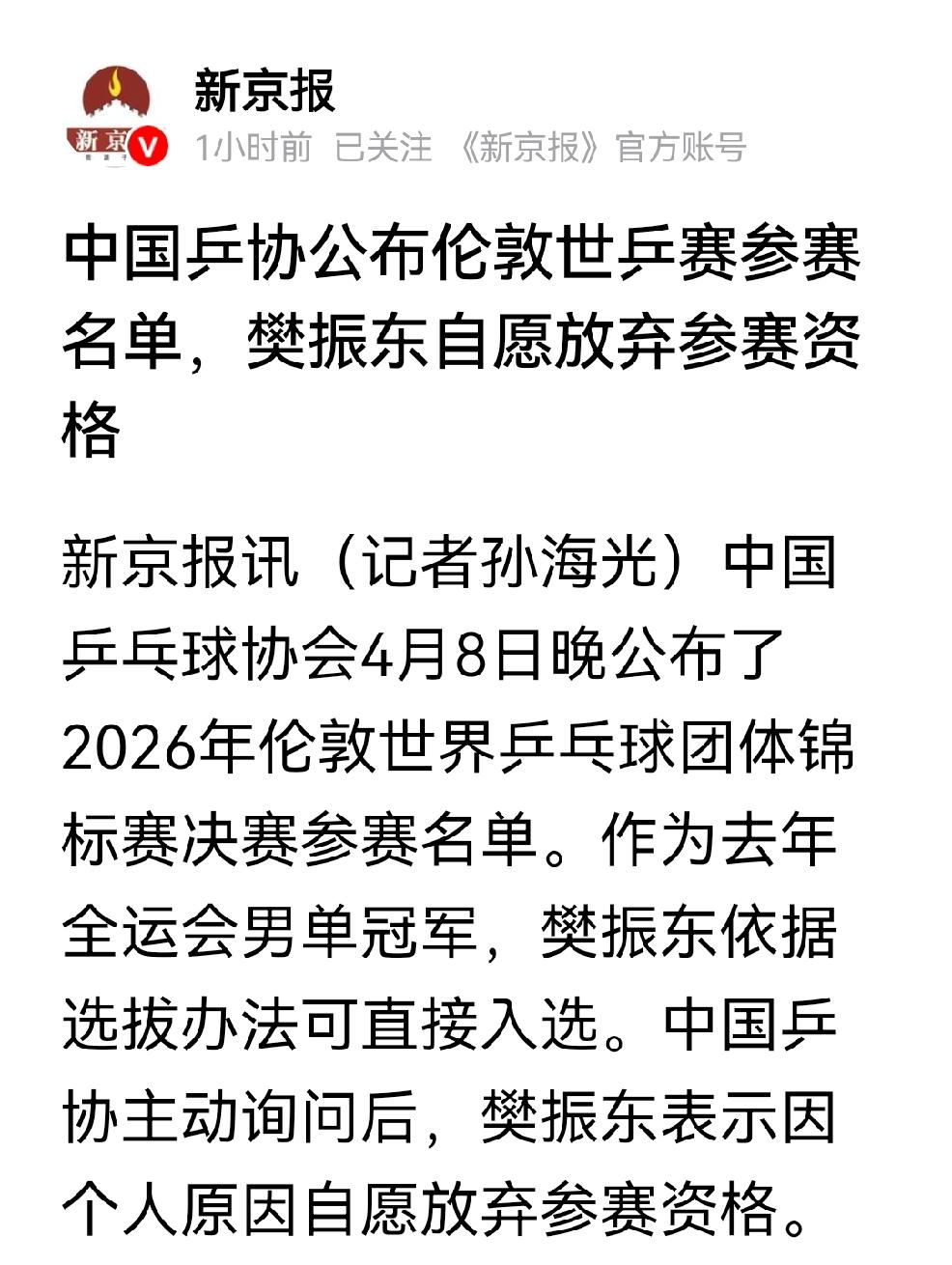 明确了，樊振东自愿放弃伦敦世乒赛参赛资格。