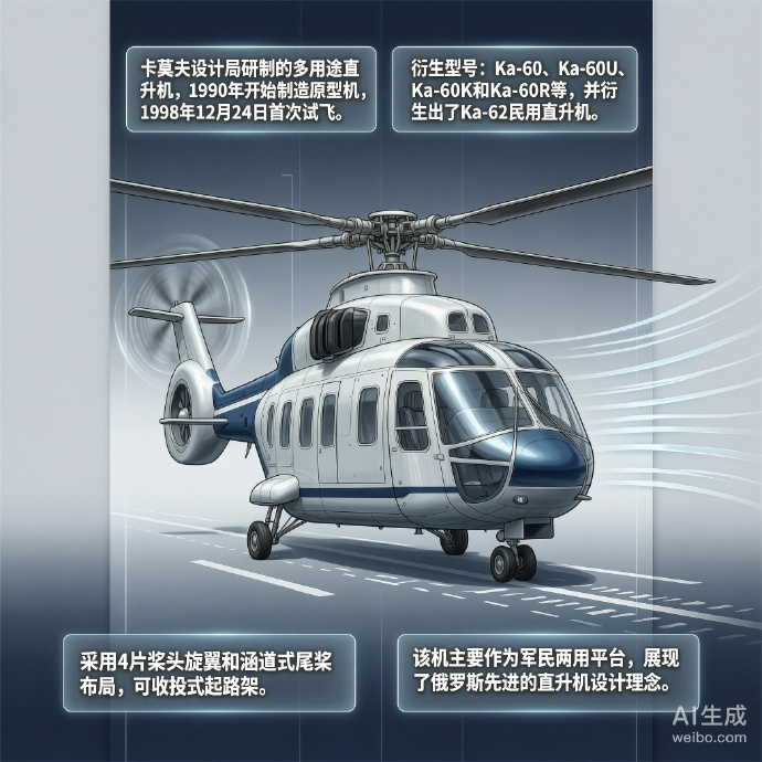 军事ai新视野 苏联/俄罗斯Ka-60“逆戟鲸”直升机机身长度：15.6米机身高